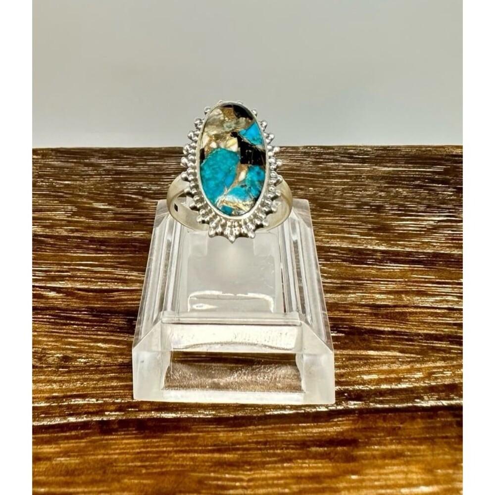 Native Southwest Style Sterling Silver Blue Copper Turquoise Bead Edge Ring 6.75